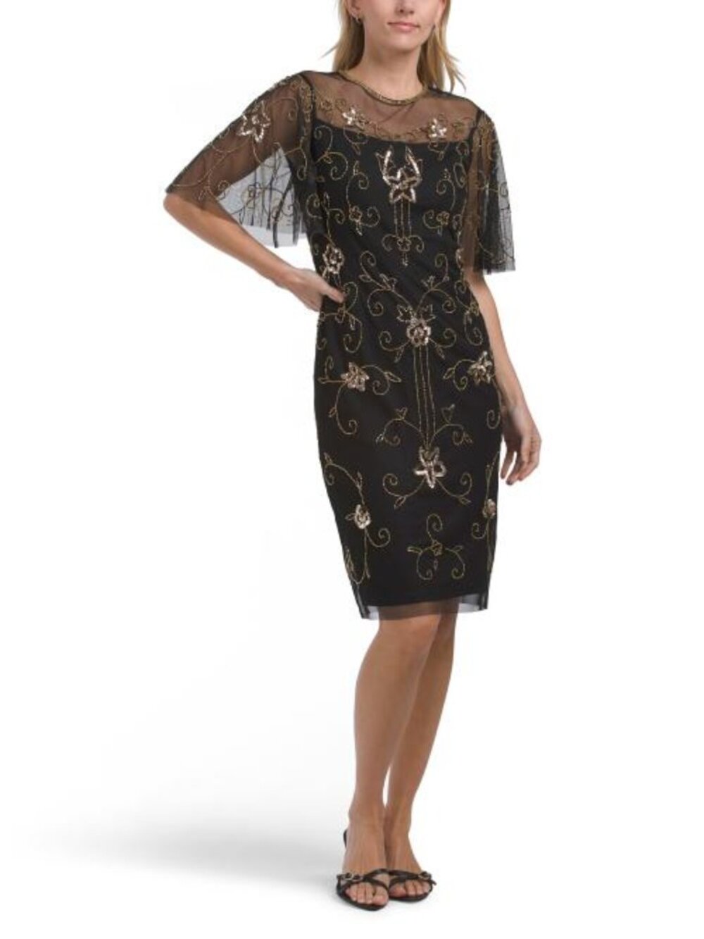 ADRIANNA PAPELL Short Sleeve Beaded Cocktail Mini Dress